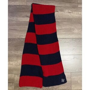 Abercrombie & Fitch 100% Wool Scarf Navy Blue Red Striped Ribbed Knit AF Logo